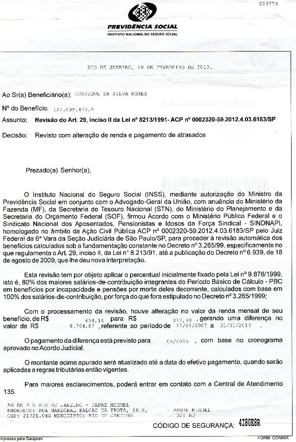 Pedido de revisao de beneficio